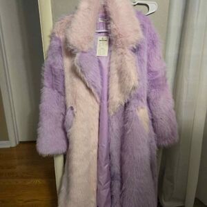 Lavender and Pink Colorblock Belted Women's XL Faux Fur Coat